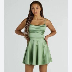 Windsor Silky Chic Satin Skater Cowl Neck Dress, Sage Green, M